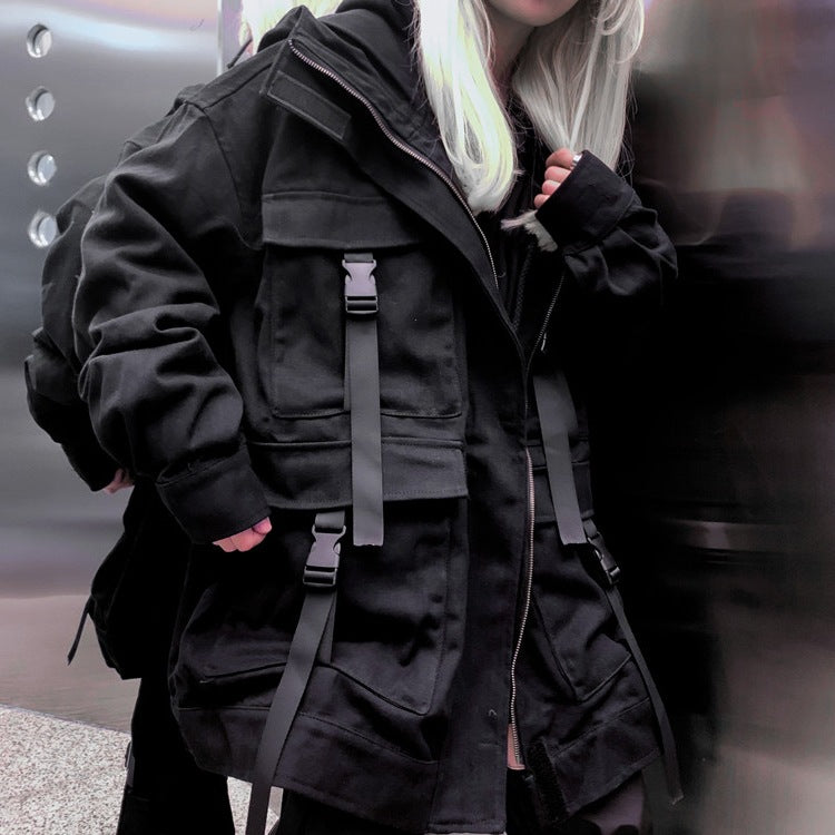 Women's Techwear E-Girl Jacket | Black Tactical Parka with Buckles