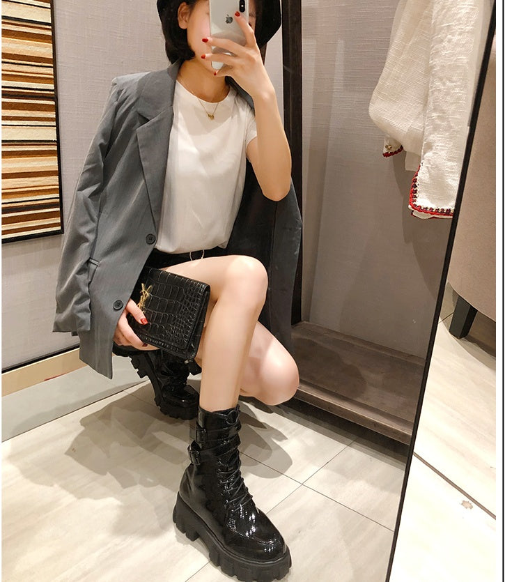 Techwearowe Damskie Buty Taktyczne - Black PU Urban Boots