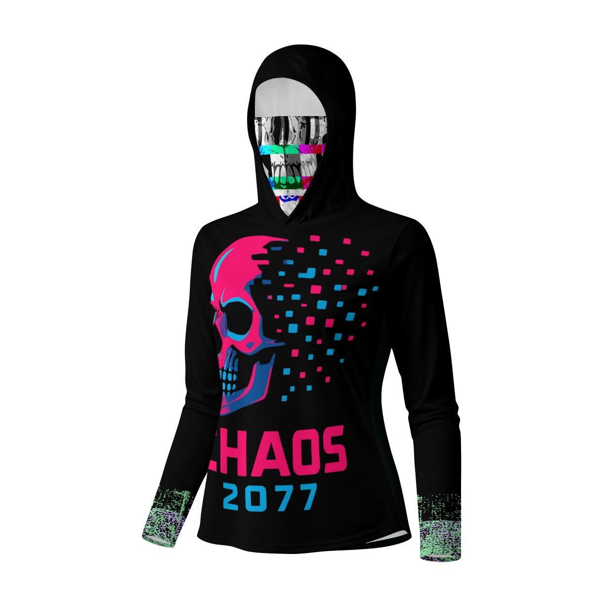 Damska Koszulka Cyberpunkowa z Kapturem i Maską| Chaos 2077 Glicht Netrunner Outfit