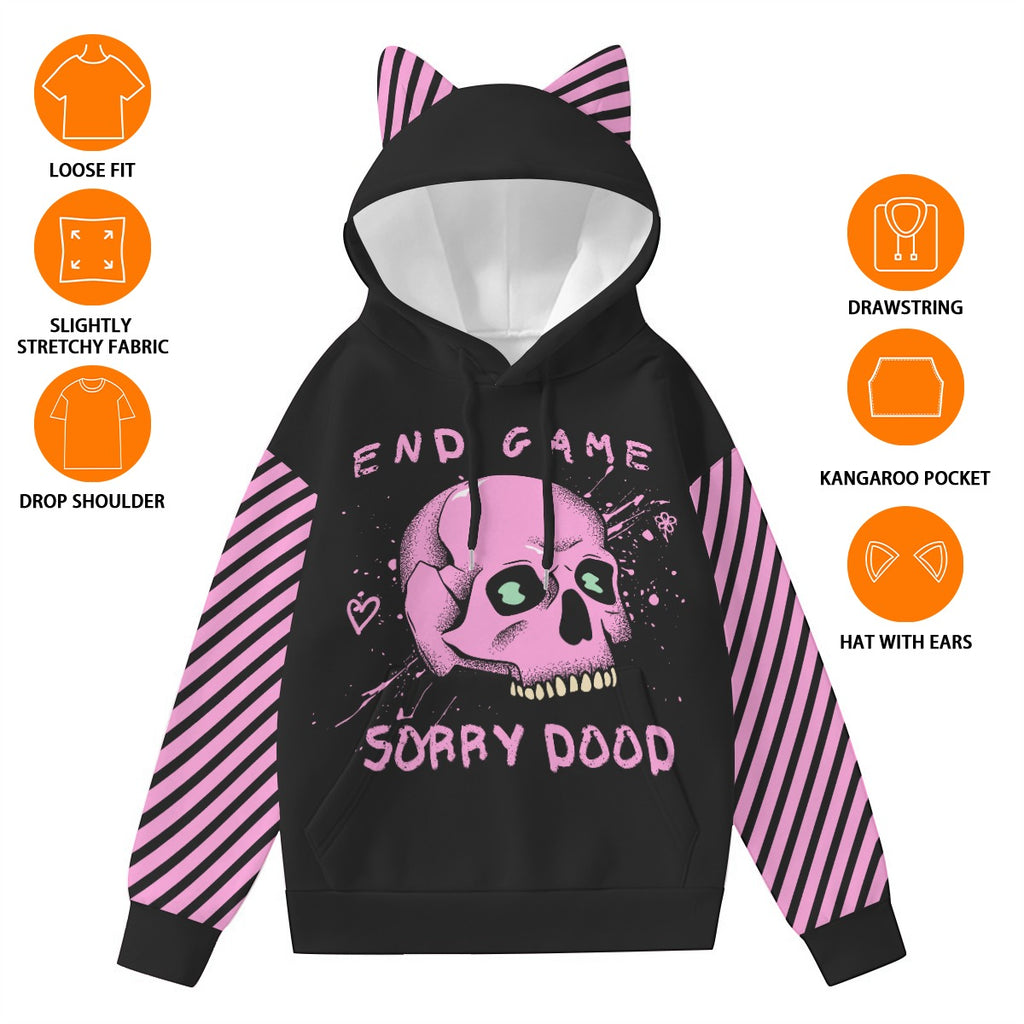 Bluza z Uszkami 'End Game' | E-Girl Cat Ear Hoodie Pink Skull