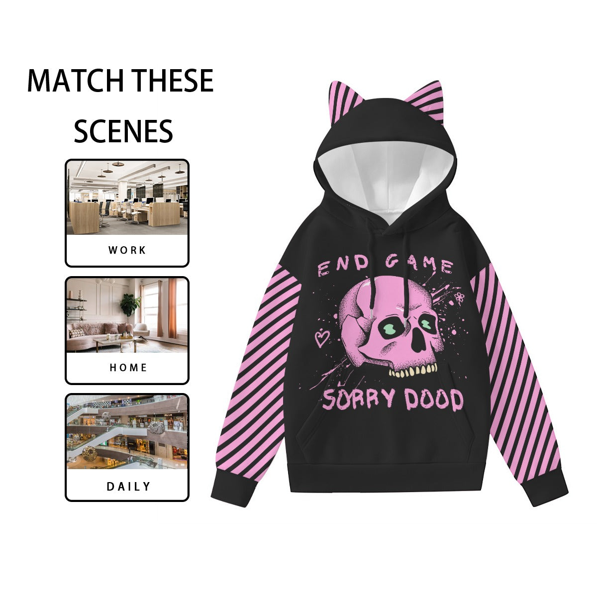 Bluza z Uszkami 'End Game' | E-Girl Cat Ear Hoodie Pink Skull