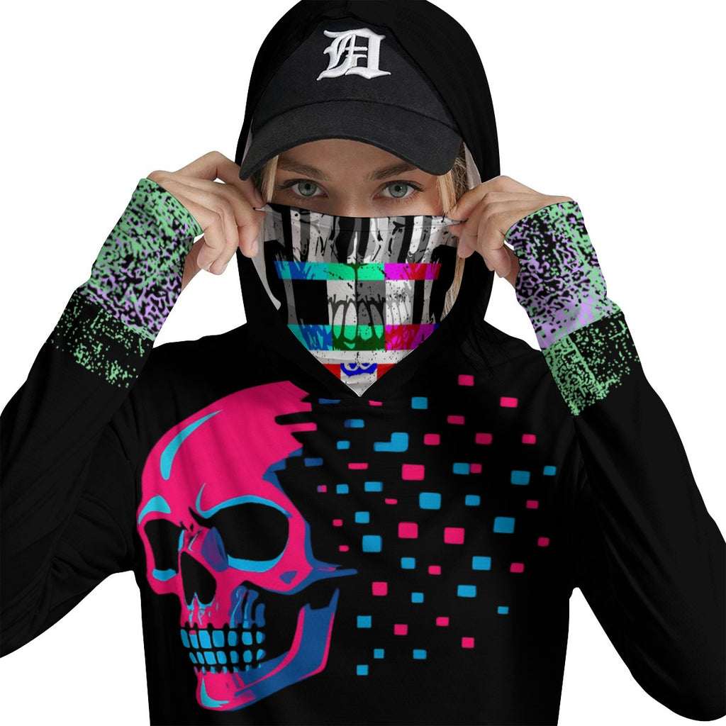 Damska Koszulka Cyberpunkowa z Kapturem i Maską| Chaos 2077 Glicht Netrunner Outfit