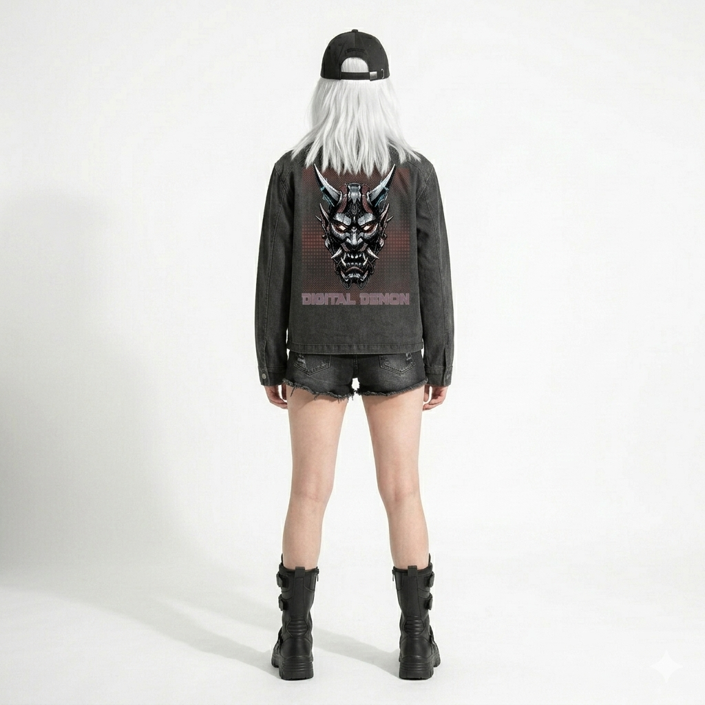 Cyberpunkowa Kurtka Denimowa Czarna Digital Demon Tokyo 2079