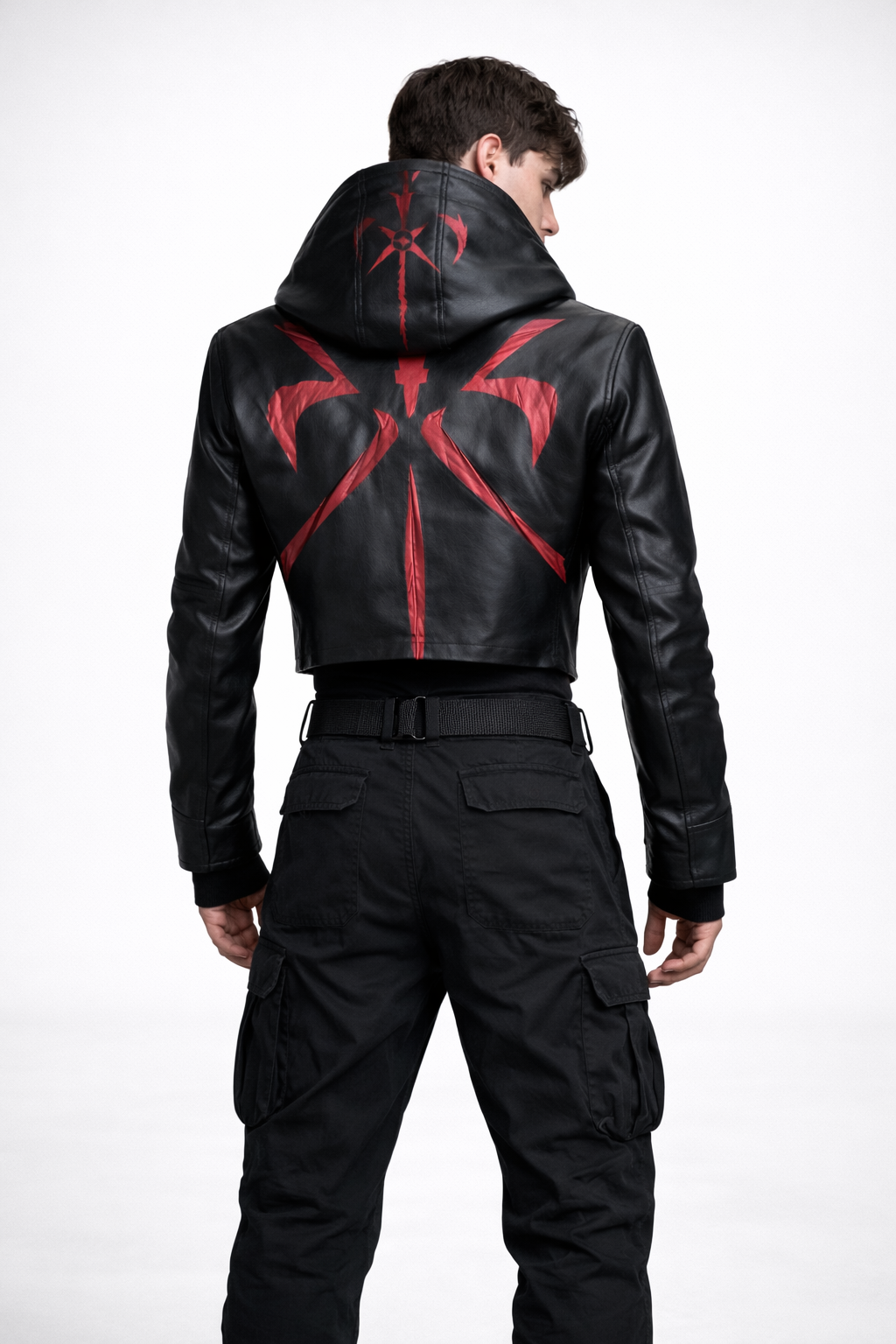 Men in cyberpunk hoodie leather jacket 