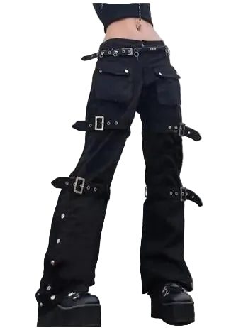 Czarne Spodnie punkowe z klamrami Bad District