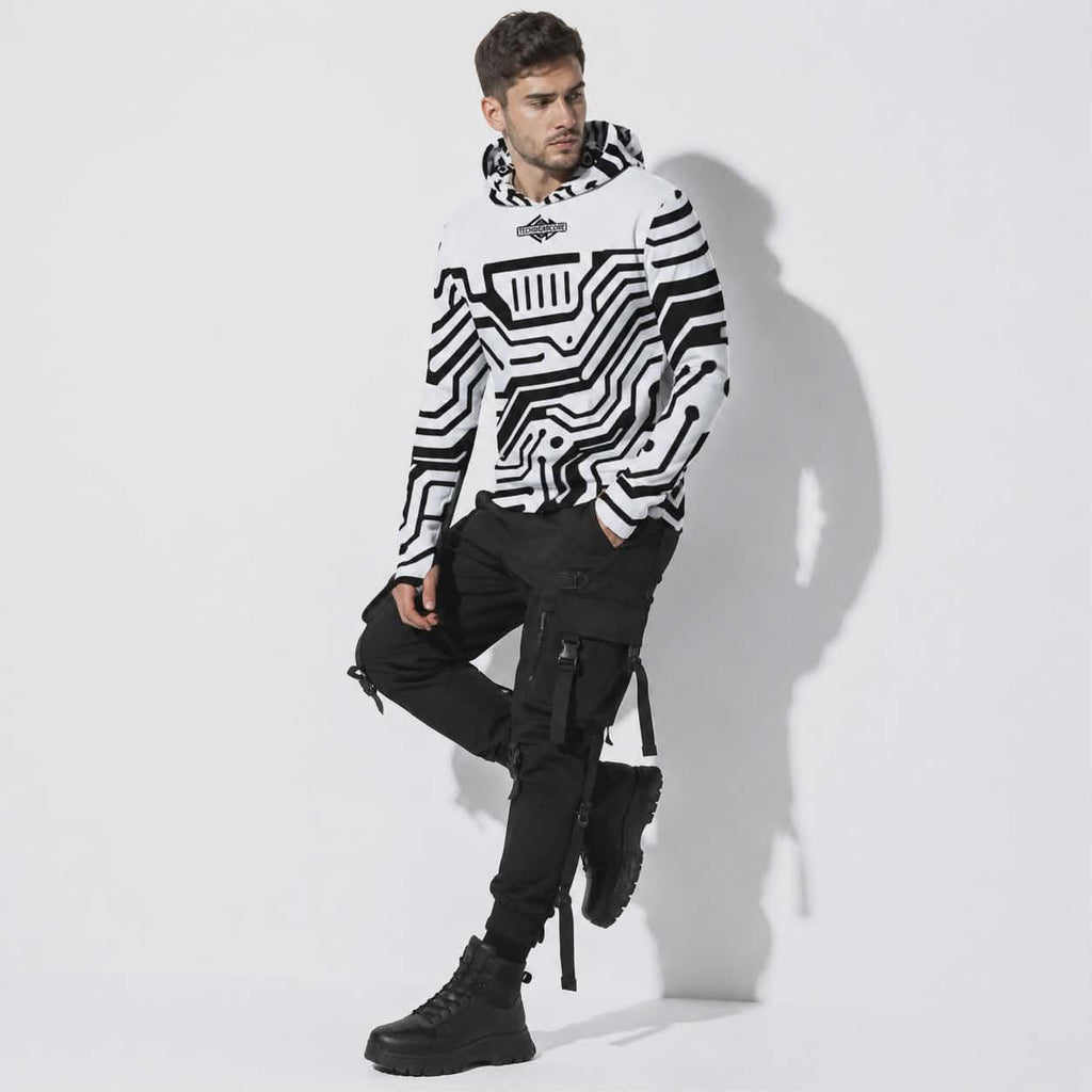 Cyberpunkowa Techniczna Bluza Anti-UV TechwearCore | White-Black Digital Pattern