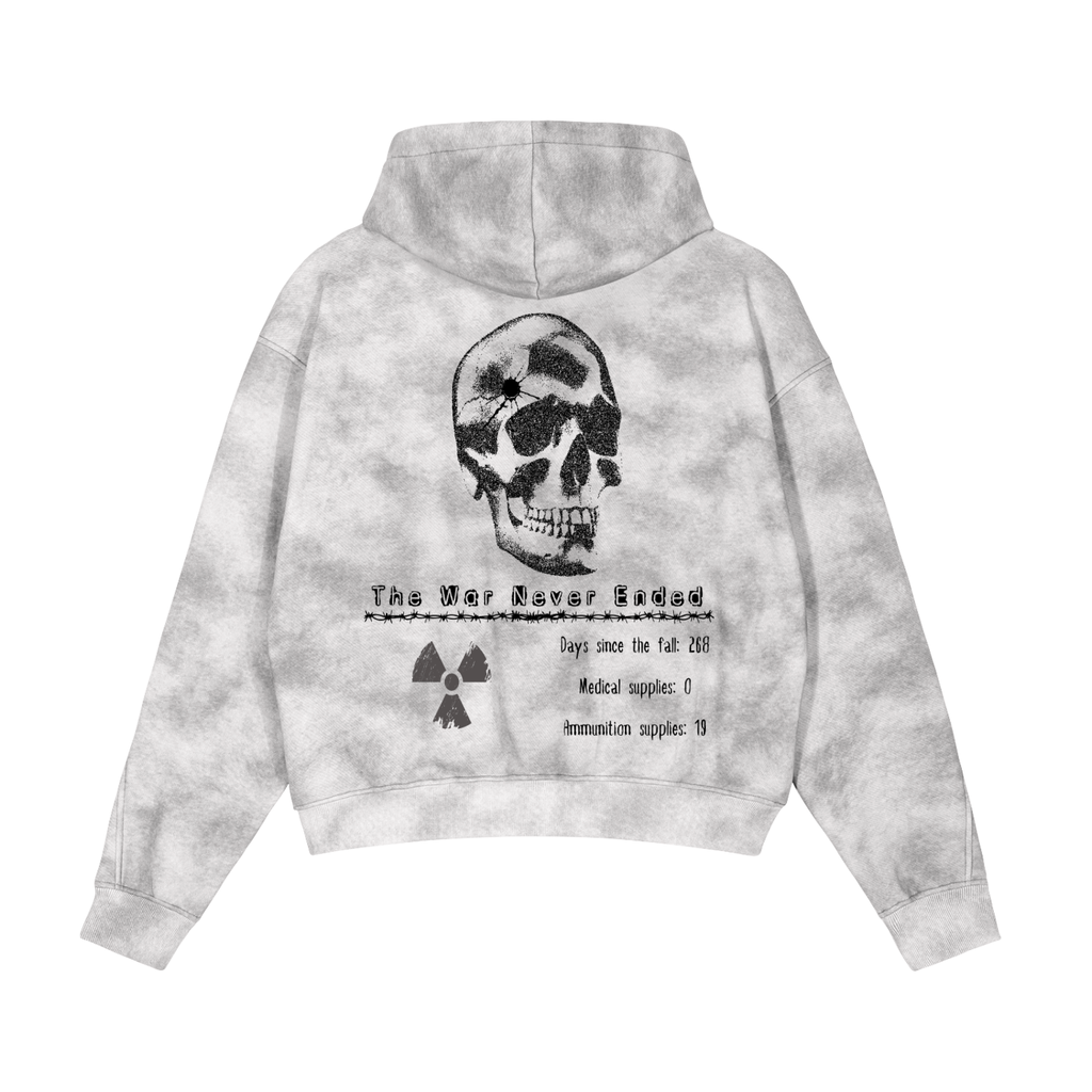 Acid Wash Zip-Up Hoodie 'The War Never Ended' | Dystopian Streetwear
