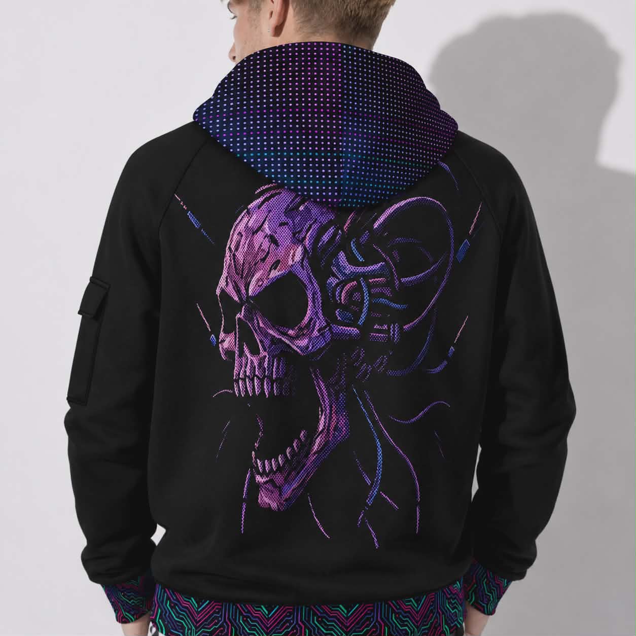 Cyberpunkowa Taktyczna Bluza Zip Hoodie | Digital Nightmare Cyberpunk Skull | 320gsm