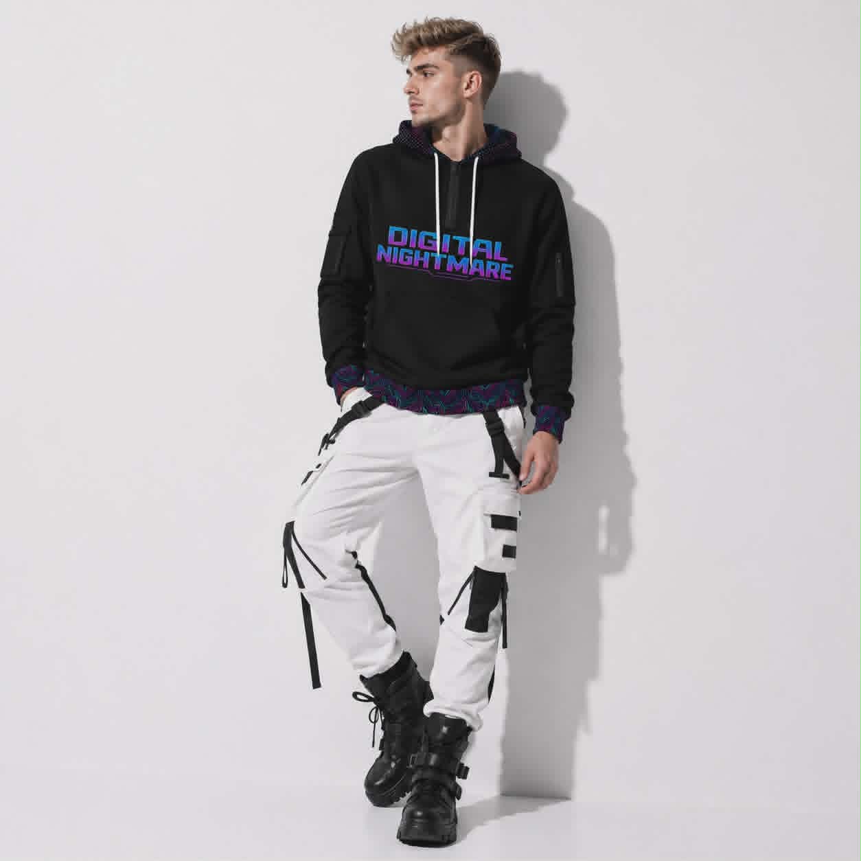 Cyberpunkowa Taktyczna Bluza Zip Hoodie | Digital Nightmare Cyberpunk Skull | 320gsm
