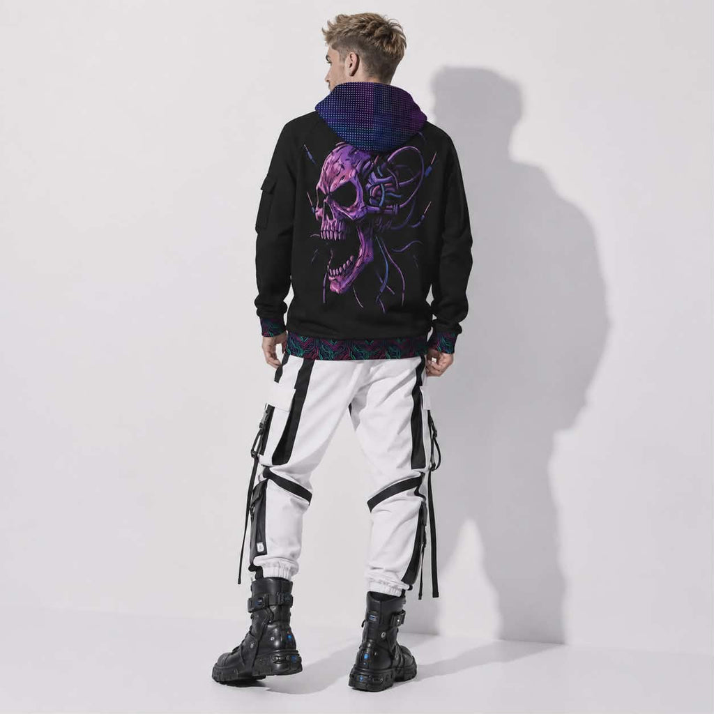 Cyberpunkowa Taktyczna Bluza Zip Hoodie | Digital Nightmare Cyberpunk Skull | 320gsm