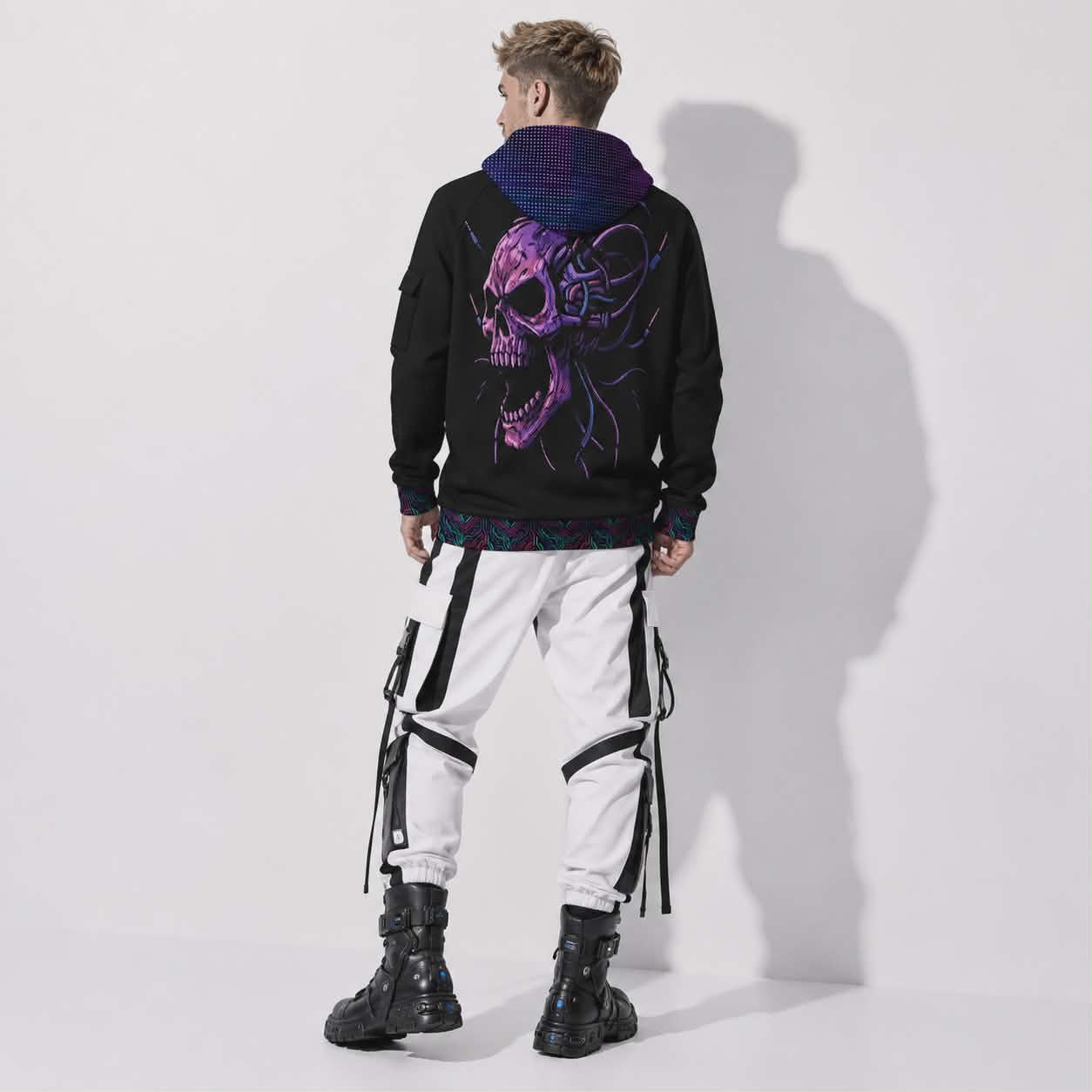 Cyberpunkowa Taktyczna Bluza Zip Hoodie | Digital Nightmare Cyberpunk Skull | 320gsm